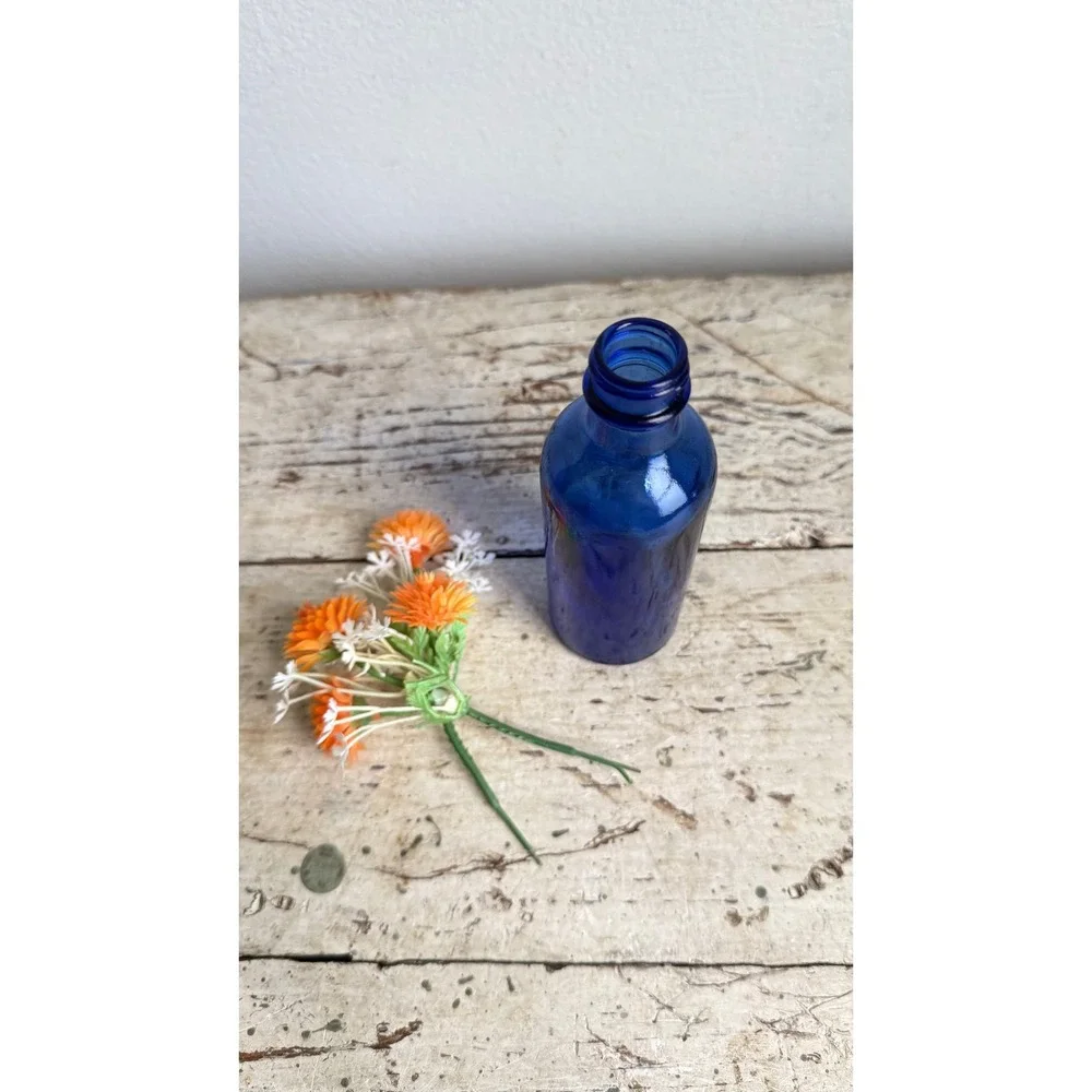 Vintage Cobalt Blue Glass Bottle Bud Vase with Artificial Flowers 5.25